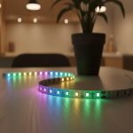 Problemas de cor com fitas LED RGB: possíveis causas e soluções A fita LED RGB defeituosa numa mesa não está parcialmente iluminada